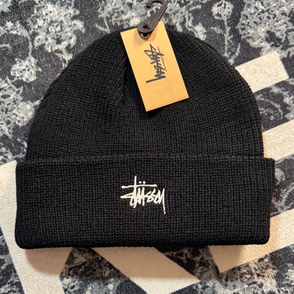 Black Cuffed Beanie with White Script Logo